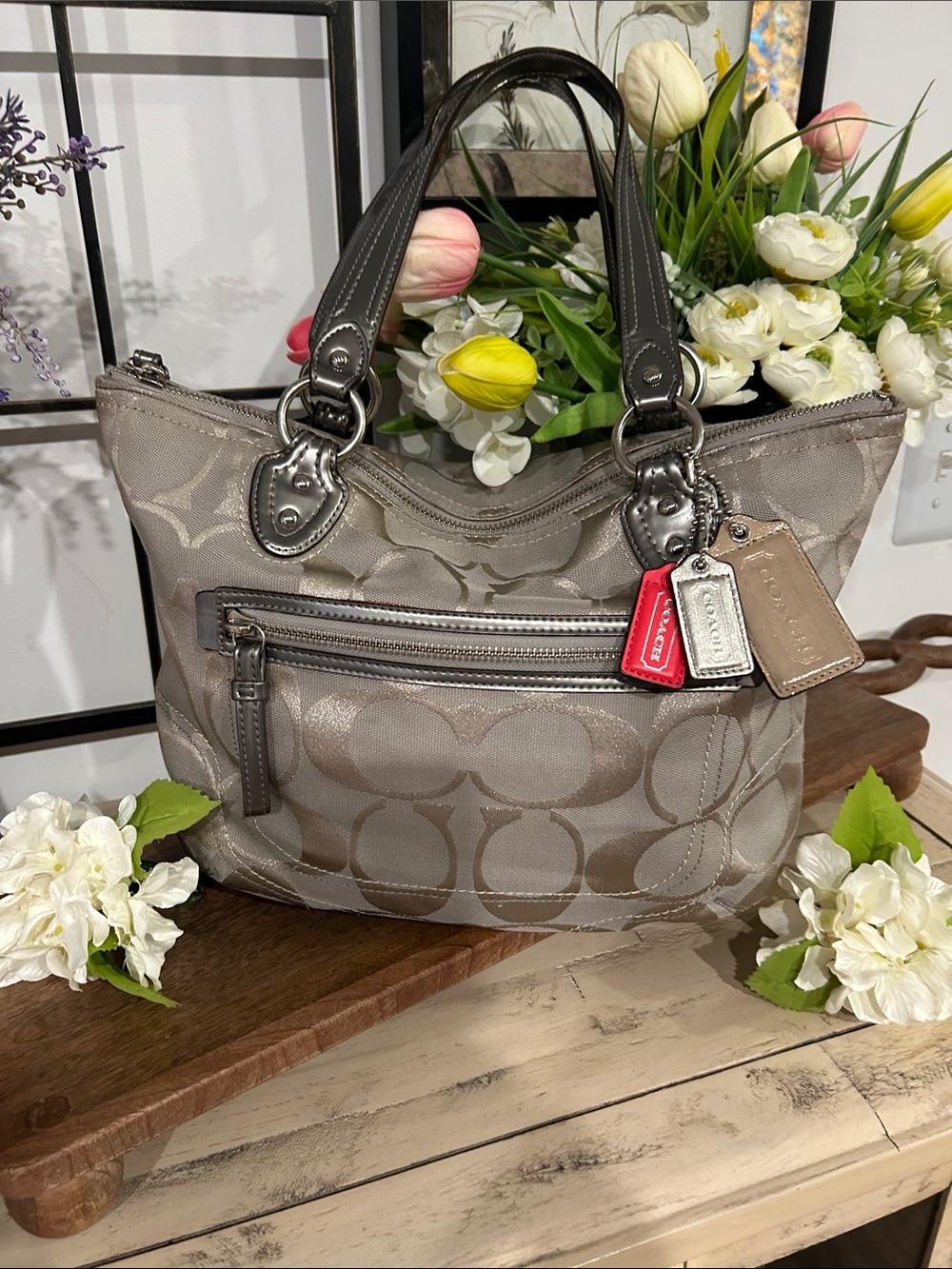 Coach Taupe Signature Canvas Shoulder Bag with Dark Leather Trim
